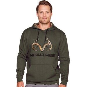 Realtree Hoodie Mens Large Green W/Camo Hood Antler Fleece  Pullover Sweatshirt